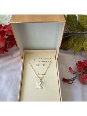 LC Lauren Conrad Gift Set Silver 16" Moon Pendant CZ Necklace Stud Earrings NEW
